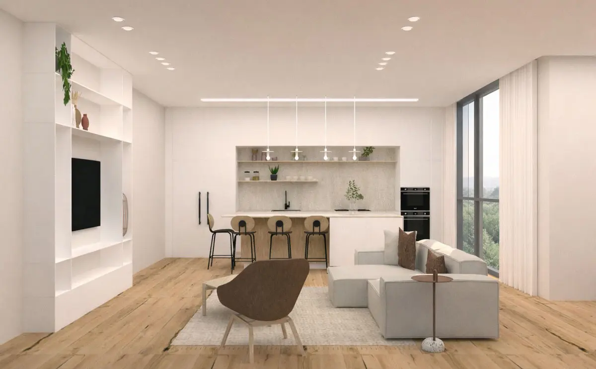 הדמיה תלת־ממדית של חלל מגורים לאחר גיבוש קונספט ותכנון